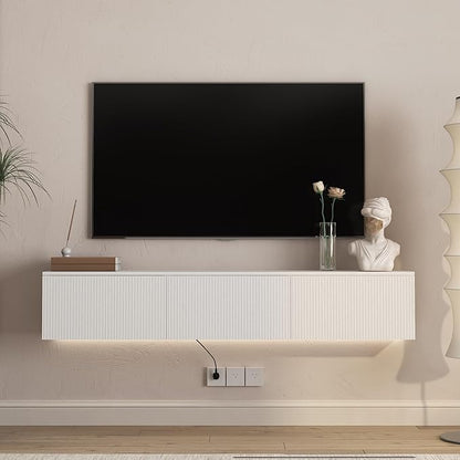 KEIKI 65" Floating TV Stand Wall Mounted with 16 Color LEDs & Power Outlets for TVs Up to 70 Inch, Wooden Media Console Entertainment Center Television Table Cabinet for Living Room, Bedroom