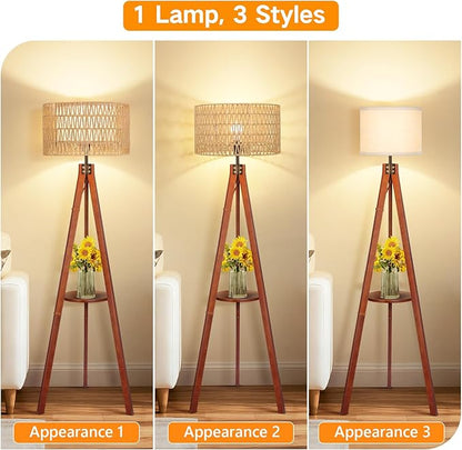 OUTON Boho Rattan Tripod Floor Lamp with Shelves, Remote Control, Dimmable Mid Century Modern Standing Lamp 58.5" for Bedroom, Living Room & Office, Lamp Shade Includes E26 9W Bulb, Walnut