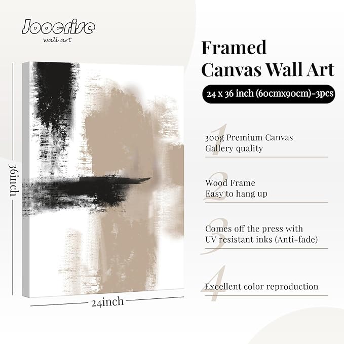 Beige Abstract Wall Art Painting Set of 3 Neutral Canvas Wall Art Prints Black Beige Modern Wall Decor Minimalist Art Pictures Abstract Modern Artwork for Room Bedroom 24x36 Inch Framed