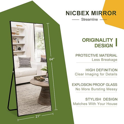 NicBex Full Length Mirror with Stand, 64"x21" Aluminum Alloy Frame Full Body Mirror, Black - Free Standing, Leaning Against Wall or Wall-Mounted
