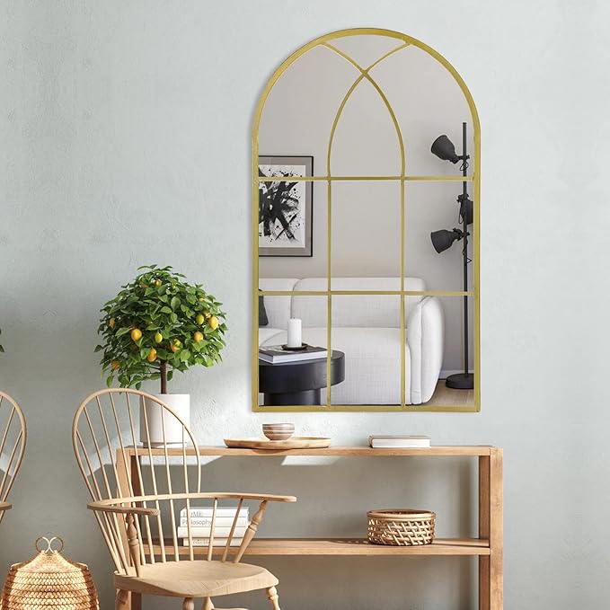 ironsmithn Gold Arched Mirror, 41.3"x24" Windowpane Mirrors, Window Finished Metal Mirror, Black Grid Mirrors for Decor Living Room Fireplace Entryway Bedroom Hallyway