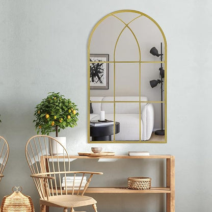ironsmithn Gold Arched Mirror, 41.3"x24" Windowpane Mirrors, Window Finished Metal Mirror, Black Grid Mirrors for Decor Living Room Fireplace Entryway Bedroom Hallyway
