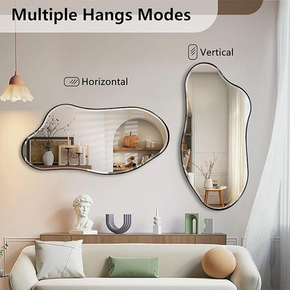 POZINO Large Irregular Beveled Mirror, 63"x31.5" Premium Asymmetrical Wall Mirror with Metal Frame, Organic Shaped Mirrors for Living Room Bedroom Hallway Entryway, Horizontal/Vertical Hanging