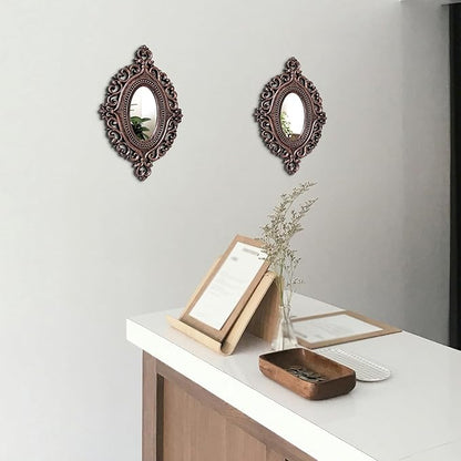 2 Set Oval Wood Carved Wall Mirror Baroque 3D Relief Rustic Home Decor Small Decorative Hanging Mirrors for Living Room, Bedroom Entrance Wall Sculpture