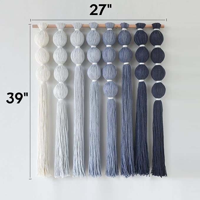 IOWER Macrame Wall Hanging Blue Yarn Wall Art Tassel Wall Decor with Knotted Ball Design Bohemian Wall Decor for Living Room Bedroom Home Backdrop 27" W x 39" L