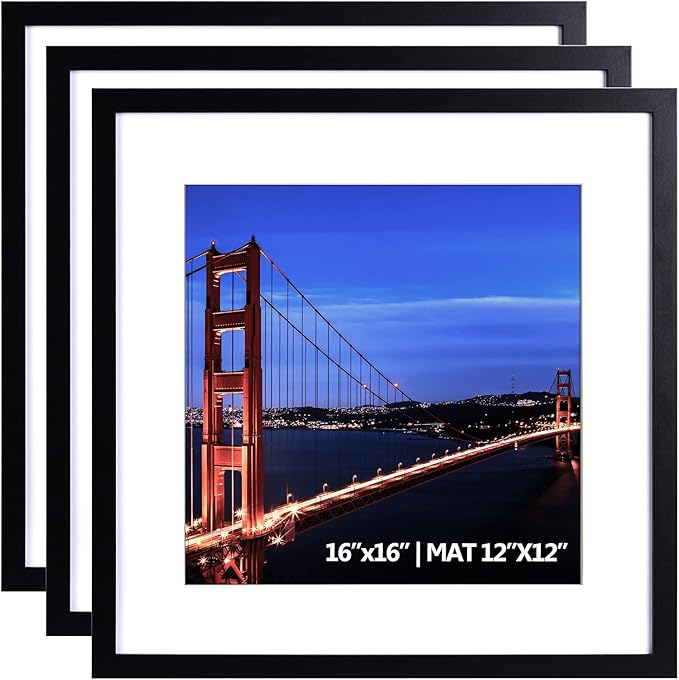 Yaetm 16x16 Picture Frame Black Set of 3, Square 16x16 Frame Displays 12x12 with Mat or 16 x 16 without Mat, Gallery Wall Frames for Wall Mounting (3 Pack, Black)