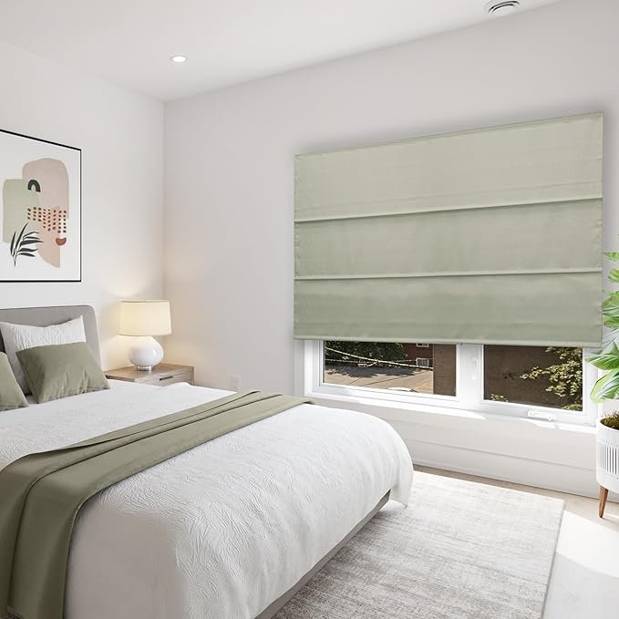 CHICOLOGY Cordless Roman Shade for Windows & French Doors, Ridgewood Sage, Privacy + Light Filtering Linen Look Fabric w/White Liner, True to Size, Inside/Outside Mount, 29" W x 72" H