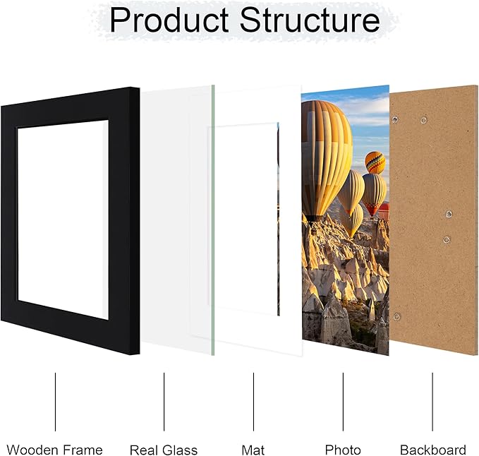 iRahmen 6x8 Picture Frame with Mat 4x6 - High Definition Real Glass Wooden Photo Frames for Tabletop Display and Wall Mounting (Pure Black, Set of 2)