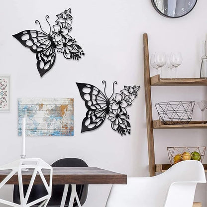 EZ4ENCE 2PCS Butterfly Decoration Wall Art Boho Wall Home Decor Hanging Appearance Wall Decor Metal Hanging Butterfly Decor Flower Wall Art for Bedroom Living Room Home Wall,Black(Large)