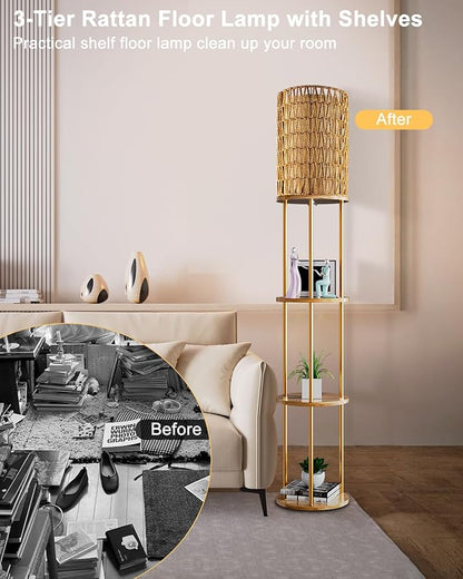 Lightdot 61" Rattan Floor Lamp with Shelves, 3-Tier Storage Shelves with 3000K Bulb Included, Solid Wood Design, Corner Bookshelf Floor Lamps for Living Room/Sofa Beside/Corner Decor-Gold