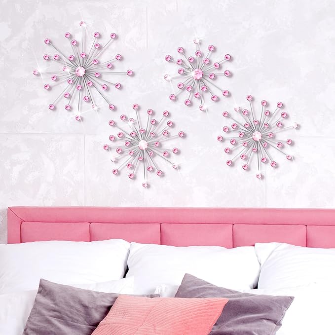 Funnymoom 4 Pcs Pink Starburst Wall Decor Metal Bling Wall Art Pink Crystal Sparkling Rhinestones Bling Decorative Hanging Diamond for Living Room Bedroom Home Office