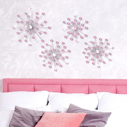 Funnymoom 4 Pcs Pink Starburst Wall Decor Metal Bling Wall Art Pink Crystal Sparkling Rhinestones Bling Decorative Hanging Diamond for Living Room Bedroom Home Office