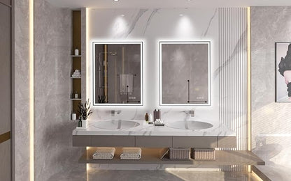 18 * 24 inches Rectangular Aluminum Black Framed LED Mirror, Smart Bathroom Mirror with Lights, Anti-Fog, Tempered Glass, 3 Colors Dimmable, Front and Backlit, Wall Mounted, Memory