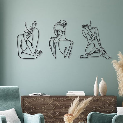 Photect 3 Pcs Metal Wall Art Decor Minimalist Abstract Woman Wall Art Metal Modern Line Drawing Decor Female Single Line Home Hanging for Bedroom Bathroom Living Room Housewarming(Modern,Black)