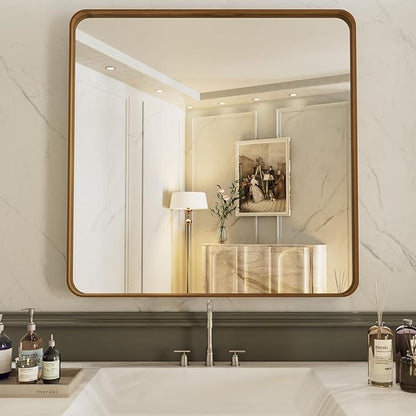 LOAAO 30X30 Bathroom Mirror with Wood Grain Colored Metal Frame, Rounded Rectangle Metal Framed Bathroom Mirror, Anti-Rust, Hangs Horizontally or Vertically