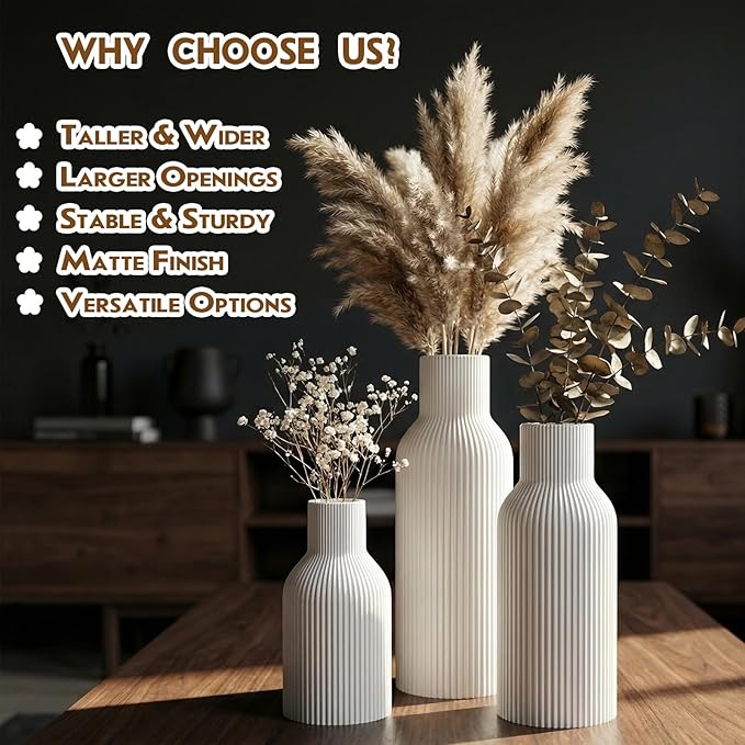 Colorful Ceramic Flower Vases Set of 3, Matte Vertical Ribbed,Minimalist for Pampas, Dried & Fresh Flowers, Centerpiece for Living Room, Shelf, Entryway, Wedding (White, Yellow, Blue)