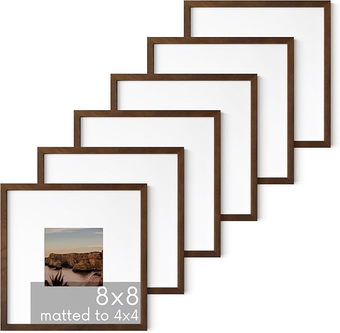 HAUS AND HUES Walnut Square Frames 8" x 8" Matted to 4" x 4" - 8"x8" Square Gallery Wall Frame Set Ideal for Home, Office (8x8 in, Walnut, Set of 6)