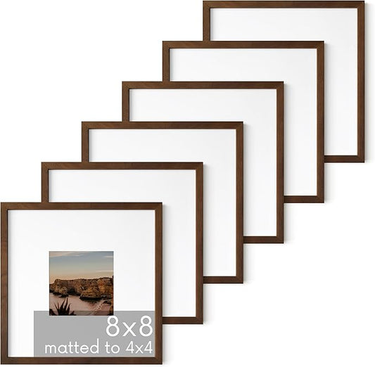 HAUS AND HUES Walnut Square Frames 8" x 8" Matted to 4" x 4" - 8"x8" Square Gallery Wall Frame Set Ideal for Home, Office (8x8 in, Walnut, Set of 6)