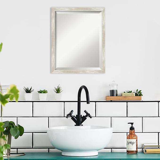 Amanti Art Silver Bathroom Mirror for Over Sink, 22x18 Crackled Metallic Narrow Rectangle Vanity Mirror, Small Casual Frame, Hangs Horizonally and Vertically, Bathroom Wall Decor, Beveled Edge
