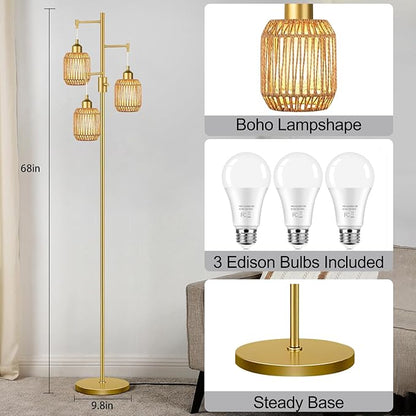 ZECOXOL Boho Floor Lamp for Living Room Bedroom-3 Light Dimmable Floor Lamp with Three Led Bulb, Rustic Tall Lamp Black Standing Lamp Tree Floor Lamps for Living Room
