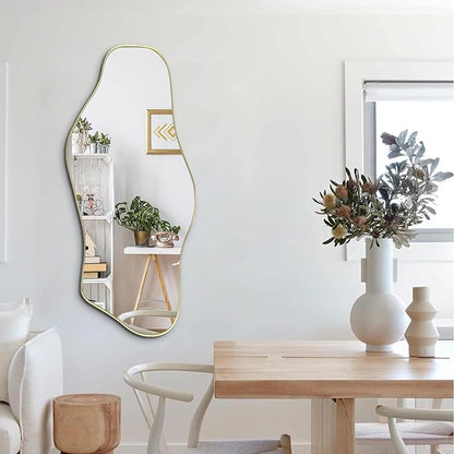 Irregular Wall Mirror, 40"x17.7" Gold Asymmetrical Frameless Mirror, Modern Organic Shaped Mirrors for Living Room Bedroom Hallway Entryway, Horizontal or Vertical Hanging