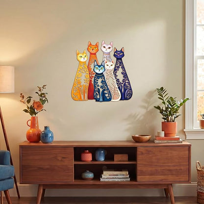 Wesiti Cat Wall Art Decor Iron Wall Sculptures Decor for Cats Lover 11.42 x 11.22 Inches Colorful Mid Century Cat Retro Signs for Home Living Room Bedroom Kitchen Office