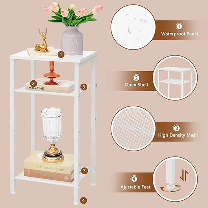 Hoctieon 3 Tier End Table, Telephone Table, Narrow Side Table with Storage, Nightstand for Small Spaces, Metal Frame, for Living Room, Bedroom, Sofa Couch, Hall, Easy Assembly, White