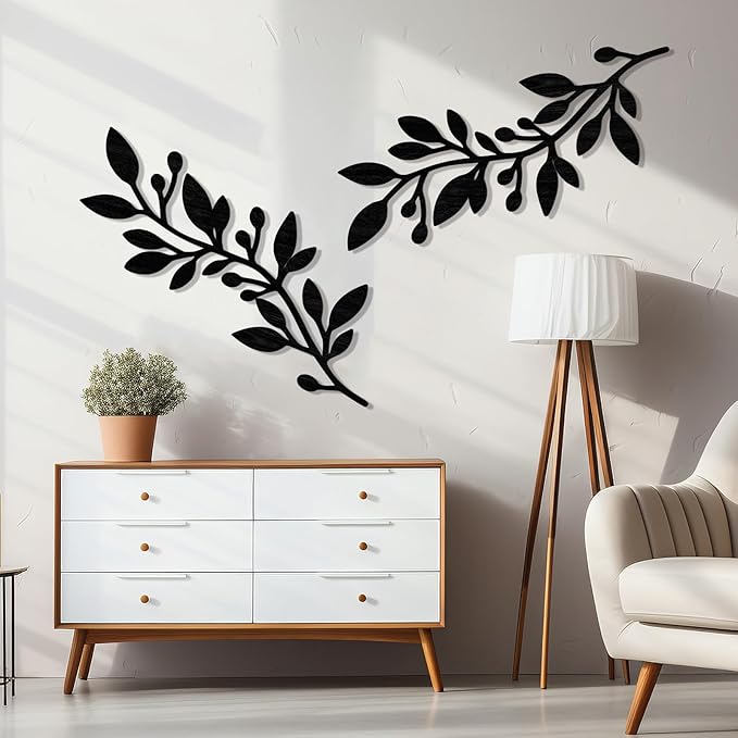 Zzbakress 2 Pcs Colorful Tree Leaf Wall Art Decor Vine Home Wall Decoration Olive Branch Leaf Wall Decor Large Wall Decor for Bedroom, Living Room, Wall Sculptures Indoor Outdoor (Black)