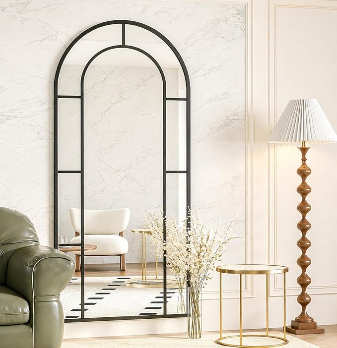 Arched Full Length Mirror, 56"x22" Large Window Floor Mirror, Farmhouse Pane Mirrors with Metal Framed, Full Body Wall or Leaning Mirrors for Bedroom, Living Room (Black)