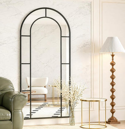 Arched Full Length Mirror, 56"x22" Large Window Floor Mirror, Farmhouse Pane Mirrors with Metal Framed, Full Body Wall or Leaning Mirrors for Bedroom, Living Room (Black)