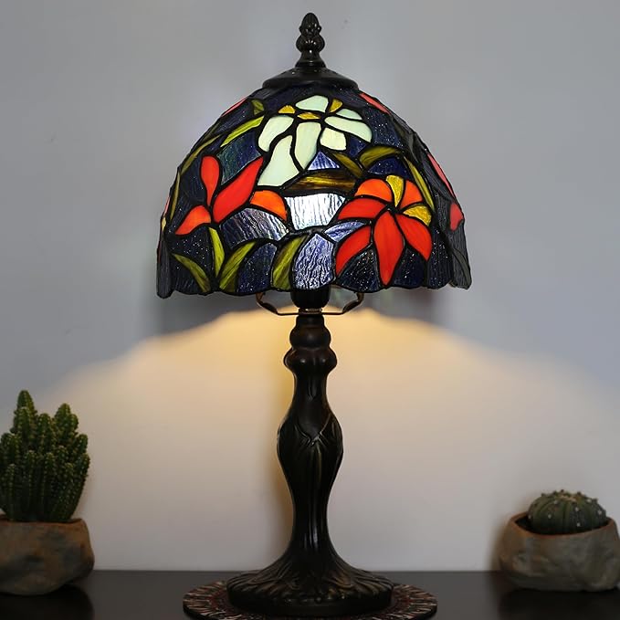 Tiffany Style Lamp Stained Glass Table Lamp 8" x 14.5" Mini Accent Light Irises Design Small Decorative Bedside Memory Lamp
