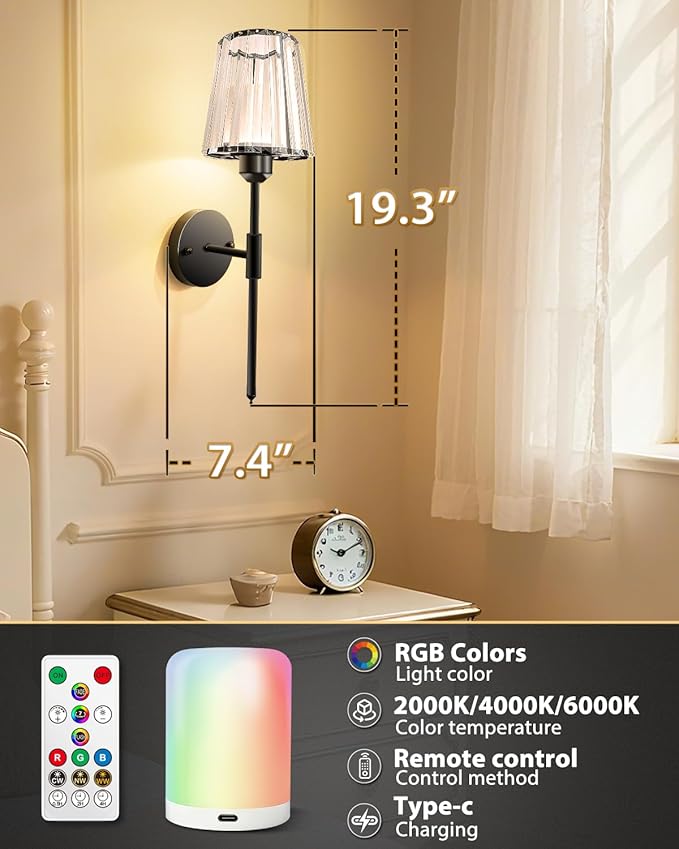 Adetu Crystal Battery Operated Wall Sconces Set of Two, Gold Rechargeable Wall Lights with 10000mAh Dimmable Magnetic Bulb, RGB Rechargeable Battery Wall Sconce with Remote Control for Bedroom Decor