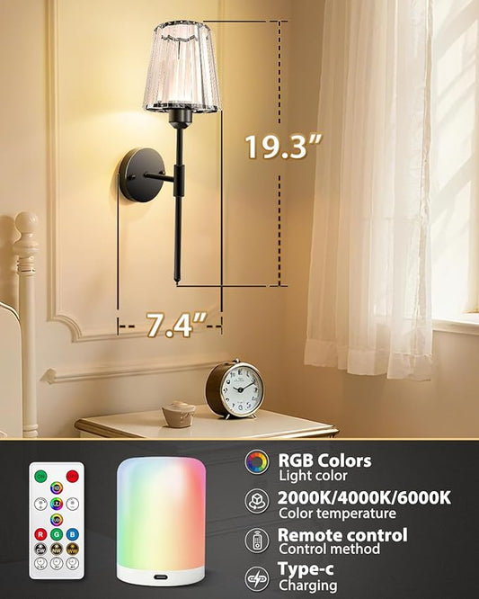 Adetu Crystal Battery Operated Wall Sconces Set of Two, Gold Rechargeable Wall Lights with 10000mAh Dimmable Magnetic Bulb, RGB Rechargeable Battery Wall Sconce with Remote Control for Bedroom Decor