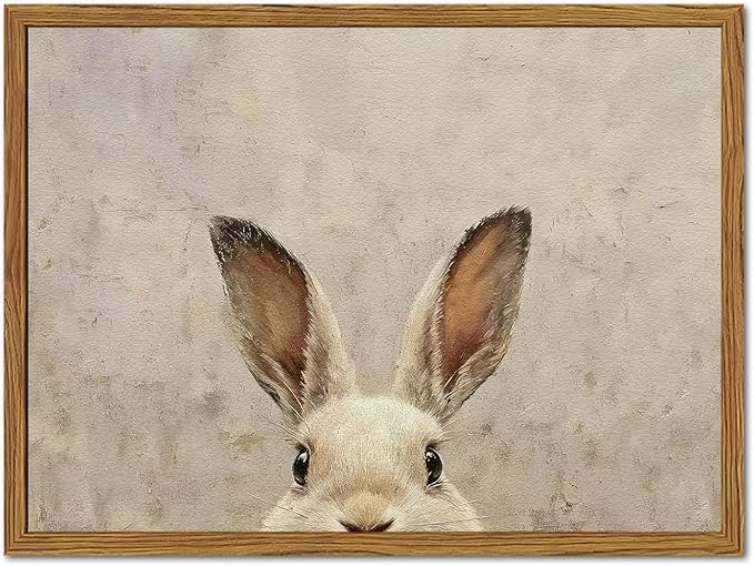 Framed Vintage Rabbit Wall Art, Cute Easter Bunny Pictures Wall Decor, 3D Sandstone Textured Farmhouse Animal Paintings Prints Cottagecore Home Decor for Living Room Bedroom Nursery 16x24 inch