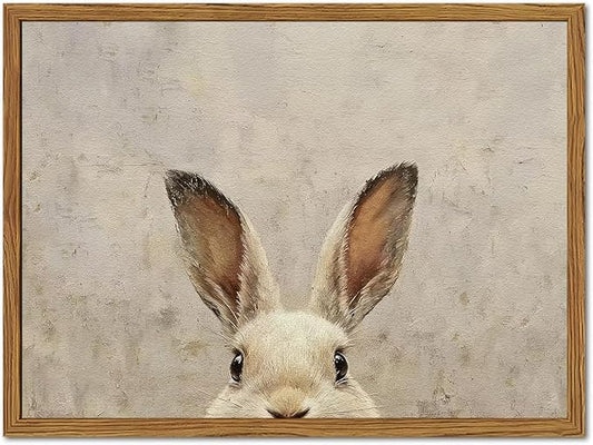 Framed Vintage Rabbit Wall Art, Cute Easter Bunny Pictures Wall Decor, 3D Sandstone Textured Farmhouse Animal Paintings Prints Cottagecore Home Decor for Living Room Bedroom Nursery 12x16 inch