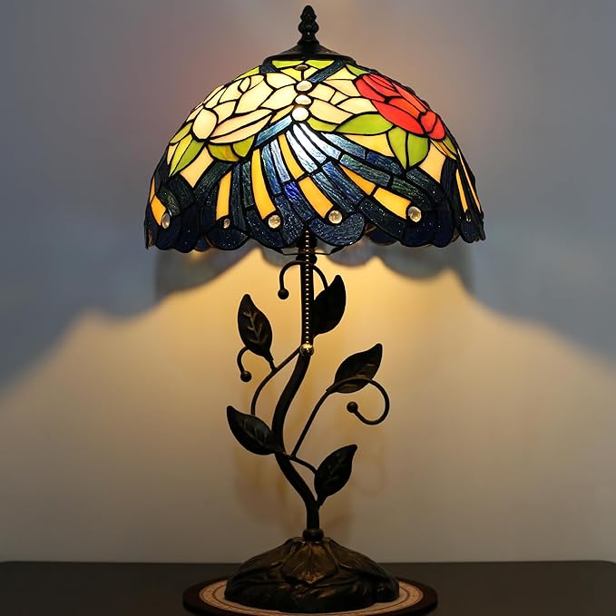 Tiffany Lamp Stained Glass Style Table Lamp Rose Style Bedside Desk Reading Light W12H19 Inch Metal Leaf Base with Metal Leaf Base