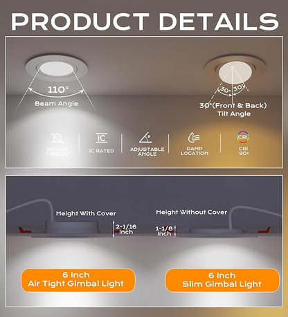 CLOUDY BAY 15W 6 inch 5 Color Swivel LED Gimbal Recessed Light with Junction Box, IC Rated Air Tight Flicker Free,120V CRI90+, 2700K/3000K/3500K/4000K/5000K Temperature Selectable,White, Pack of 4