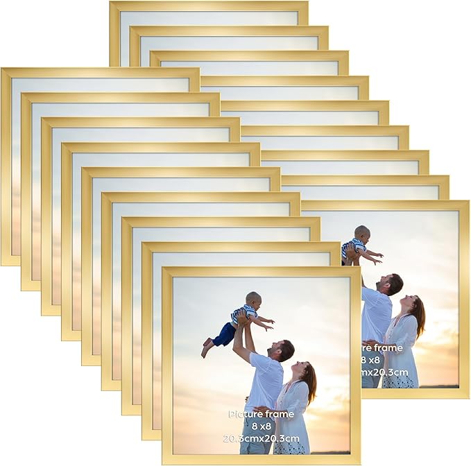 Hoikwo 18 Packs 8x8 Gold Plastic Multi Picture Frames Set with Plastic Cover, for Family Photos, Artwork, Light Weight Bulk 8 by 8 Frames Pack for Wall Hanging and Table, Stylish Picture Frames