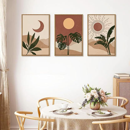 KAIRNE Vintage Sun and Moon Framed Canvas Wall Art Set,Boho Desert Botanical Wall Decor,Abstract Green Terracotta Art Prints,Retro Minimalist Artwork for Living Room,Bedroom,Farmhouse,Office-16"x24"x3