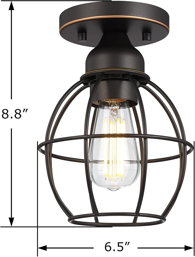 Farmhouse Ceiling Light Fixture, Vintage Semi Flush Mount Ceiling Light, Small Metal Cage Lighting Lamp for Hallway Entryway Kitchen Porch, Oil Rubbed Bronze Finish, 2-Pack