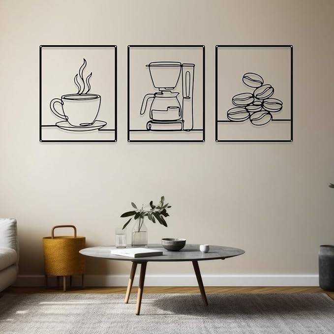 3 Pieces Metal Minimalist Line Kitchen Signs Wall Decor Drawing Rustic Kitchen Wall Art for Dining Living Room Home, 14 x 11 Inches (Coffee,Black)