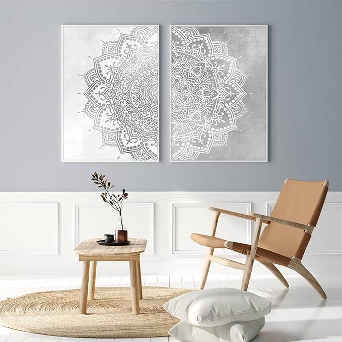 Pennclys Gray Mandala Wall Art Mandala Canvas Wall Decor Abstract Flower Yoga Wall Art Boho Mandala Picture Yoga Lotus Painting Artwork for Living Room Bedroom Decor 16x24x2 Inch Unframed