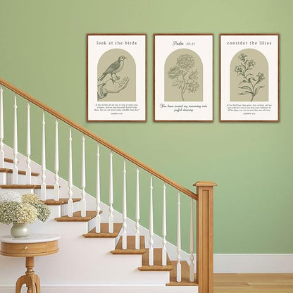 KAlRNE Sage Green Bible Verse Wall Art Set of 3, Framed Vintage Scripture Prints, Religious Birds and Lilies Decor, Green Christian Gallery Artwork for Living Room Bedroom Office