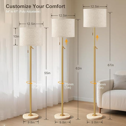 Modern Gold Floor Lamp for Living Room, Floor Lamp with Remote Control, Adjustable Height Standing Lamp with Marble Base & Linen Shade, Dimmable Tall Floor Light for Bedroom, Reading