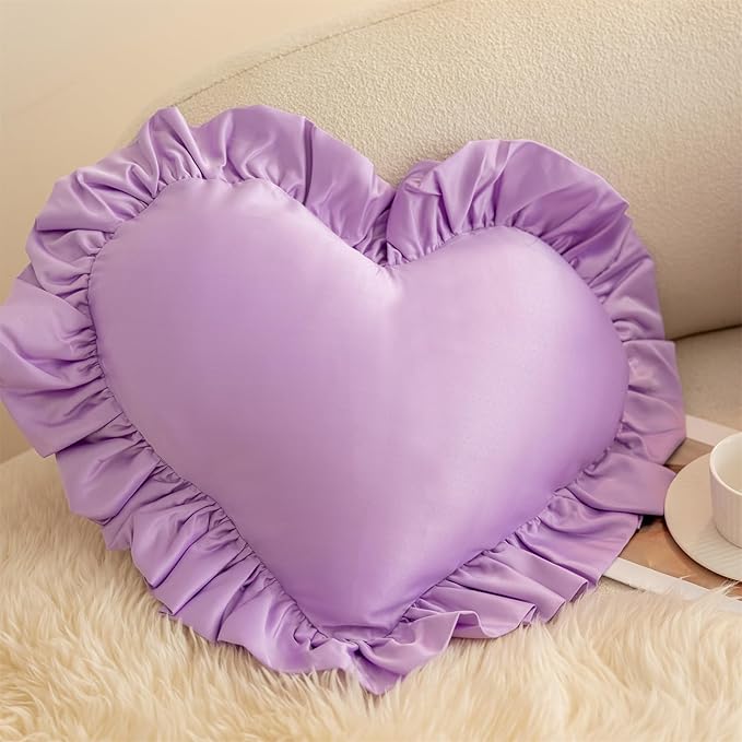 MOJUN Heart Throw Pillows, Heart Shaped Pillow with Ruffles, Soft, Purple, 15.7 x 19.6 inches
