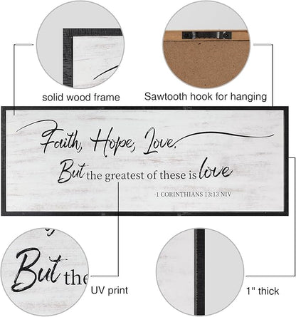 Faith Hope and Love Bible Verses Framed Wall Sign For Family Living Room Kitchen Farmhouse Dining Room Vintage Boho Wall Art Decoration For Living Room Bedroom, 40 x 15 Inch, Black