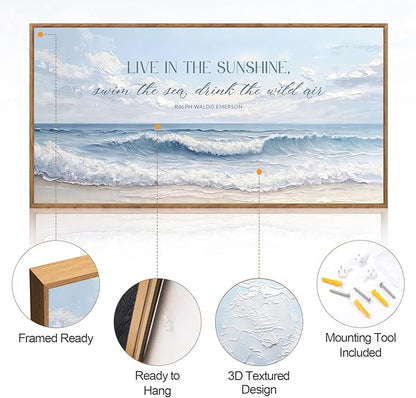 Aurlan Live In The Sunshine Swim The Sea Drink The Wild Air Framed Wall Art(40"x20"), 3D Textured Blue White Coastal Ocean Waves Canvas Artwork, Large Ralph Waldo Emerson Quotes Painting Decor for Home Office Living Room Bedroom