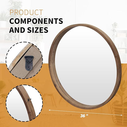36" Bathroom Mirror, Round Wall Mirror with Wood Frame, Farmhouse Mirrors for Wall Decor, Wall-Mounted Mirrors for Bedroom, Living Room, Brown