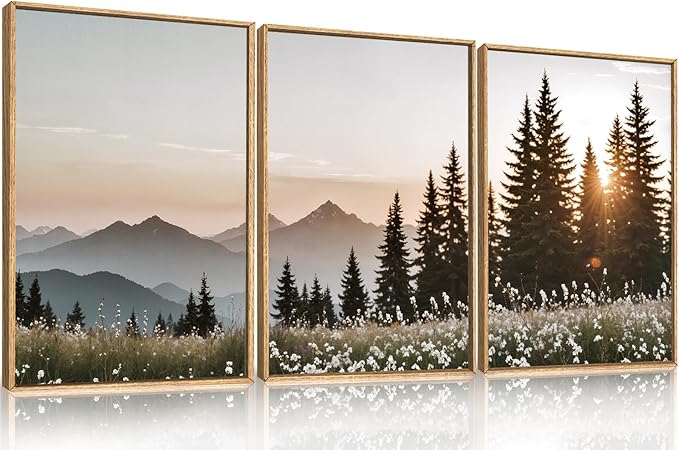 Large Mountain Sunlight Calming Framed Canvas Wall Art Set,Boho Nature Pine Tree Landscape Wall Decor,Modern Sunrise Forest Art Printing for Living Room,Bedroom-24 x36 x3