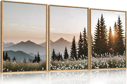 Large Mountain Sunlight Calming Framed Canvas Wall Art Set,Boho Nature Pine Tree Landscape Wall Decor,Modern Sunrise Forest Art Printing for Living Room,Bedroom-24 x36 x3
